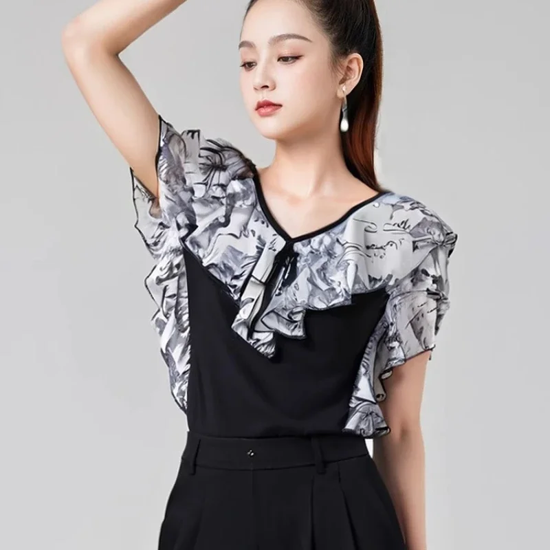 Костюмы для современного танца, женский топ для танцев, модная тонкая дышащая одежда для латинских танцев, блузка с короткими рукавами и принтом для девочек
Костюмы для современного танца, женский топ для танцев, модная тонкая дышащая одежда для латинских танцев, блузка с короткими рукавами и принтом для девочек