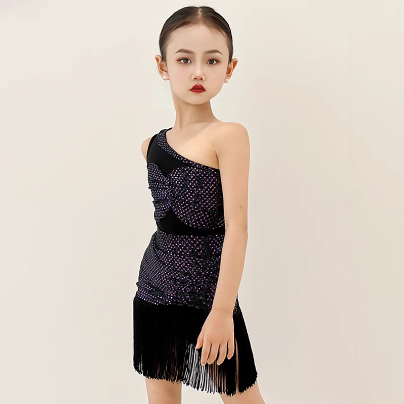 Summer Latin Dance Dress Kids Samba Performance Wear Slanted Shoulder Leotard Fringe Skirt Purple Black Glitter Dance Suit 3745
Summer Latin Dance Dress Kids Samba Performance Wear Slanted Shoulder Leotard Fringe Skirt Purple Black Glitter Dance Suit 3745