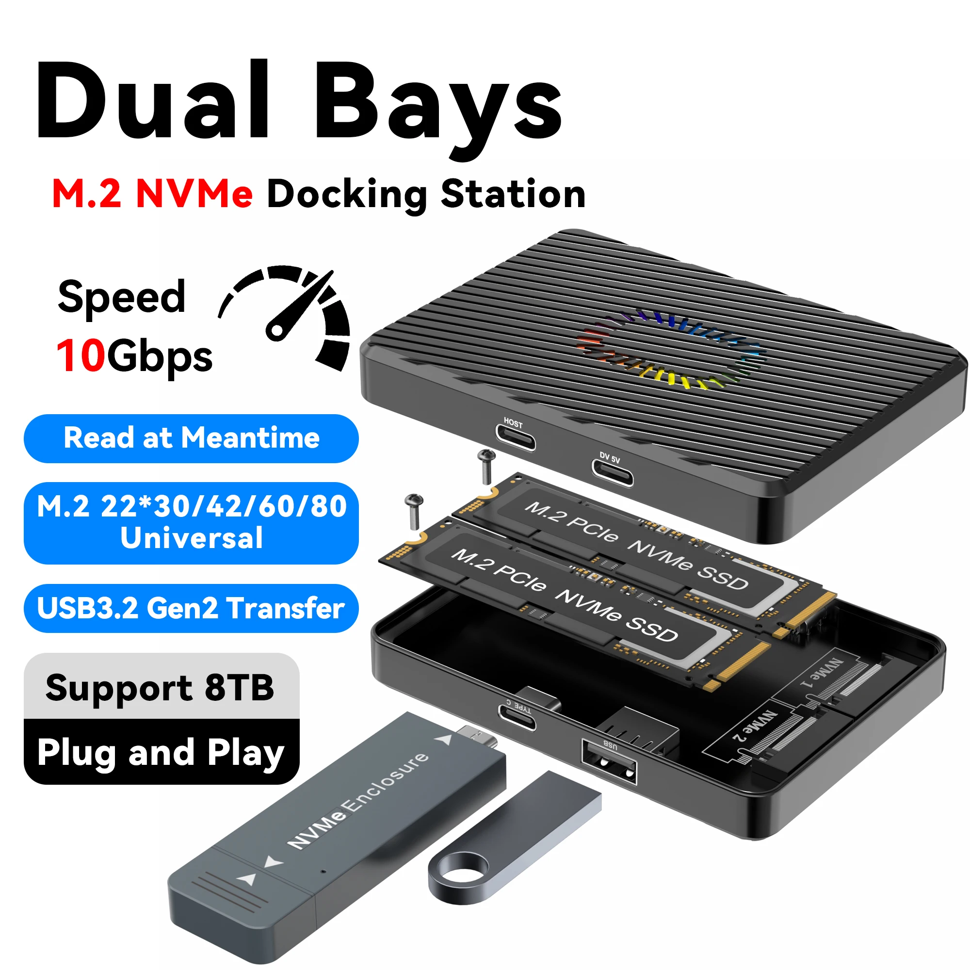 USB3.2 Gen2 10Gbps Speed M.2 NVMe SSD Adapter Dual Bays Transfer Support 8TB Plug and Play Read Meantime Docking Station 4 in 1
USB3.2 Gen2 10Gbps Speed M.2 NVMe SSD Adapter Dual Bays Transfer Support 8TB Plug and Play Read Meantime Docking Station 4 in 1
