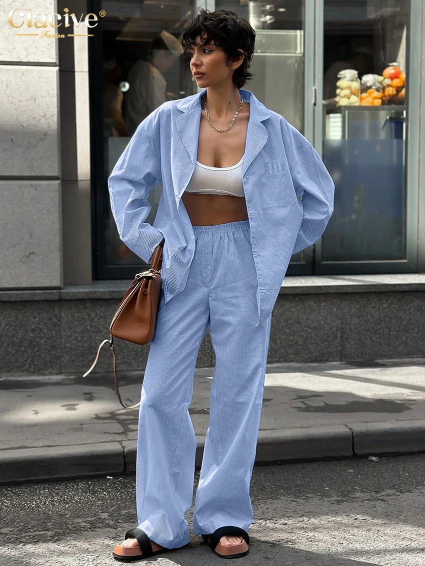 Clacive Fashion Loose Blue Stripe Woman 2 Piece Set Outfit 2025 Elegant Long Sleeve Shirt With High Waist Wide Pants Set Female
Clacive Fashion Loose Blue Stripe Woman 2 Piece Set Outfit 2025 Elegant Long Sleeve Shirt With High Waist Wide Pants Set Female