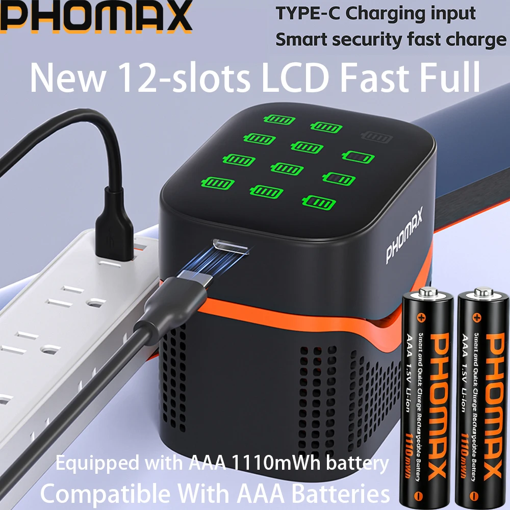 PHOMAX New 12-slots LCD Fast Charger & Rechargeable Battery,1.5V AA 4200mWh & AAA 1110mWh Lithium Battery For Remote Mouse Toys
PHOMAX New 12-slots LCD Fast Charger & Rechargeable Battery,1.5V AA 4200mWh & AAA 1110mWh Lithium Battery For Remote Mouse Toys