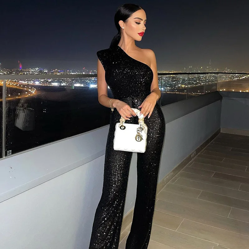 New Solid Color Fashionable One-shoulder Sequin Jumpsuit For Women For Parties And Gatherings
New Solid Color Fashionable One-shoulder Sequin Jumpsuit For Women For Parties And Gatherings