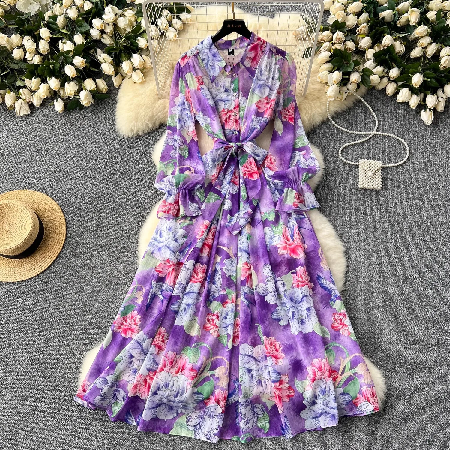 Women Casual Midi Shirt Dress Long Sleeve New Comings Fashion Designer Purple Flower Print Sashes Streetwear Chiffon Vestidos
Women Casual Midi Shirt Dress Long Sleeve New Comings Fashion Designer Purple Flower Print Sashes Streetwear Chiffon Vestidos