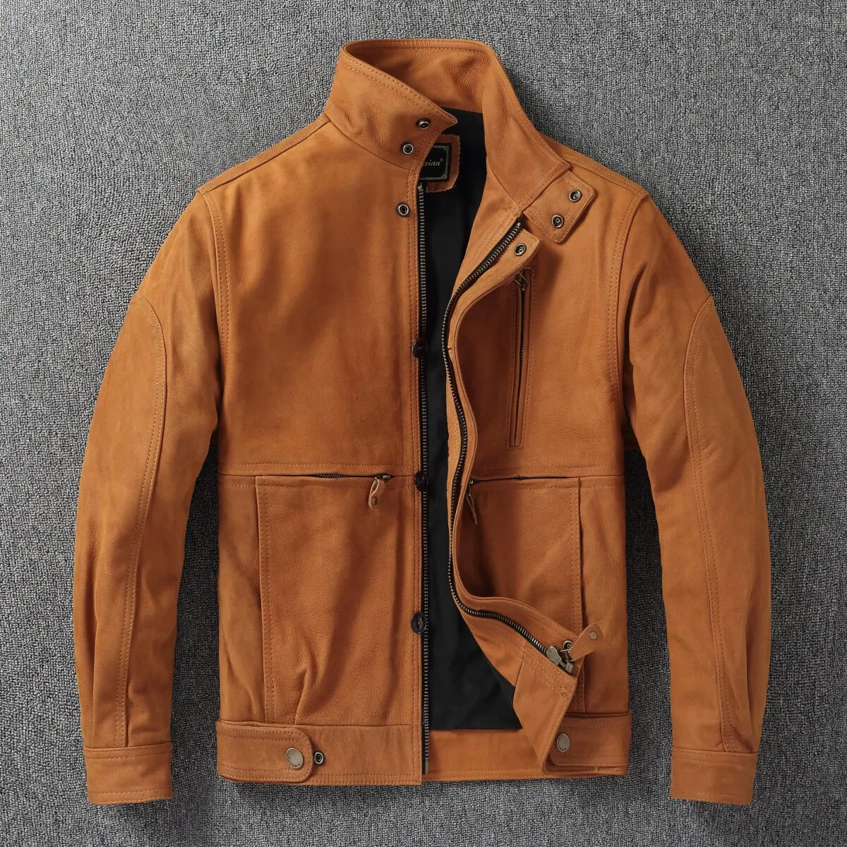Oil Calfskin Retro Orange American Large Size Genuine Leather Jacket with Stand-up Collar Men's Motorcycle Leather Jacket
Oil Calfskin Retro Orange American Large Size Genuine Leather Jacket with Stand-up Collar Men's Motorcycle Leather Jacket