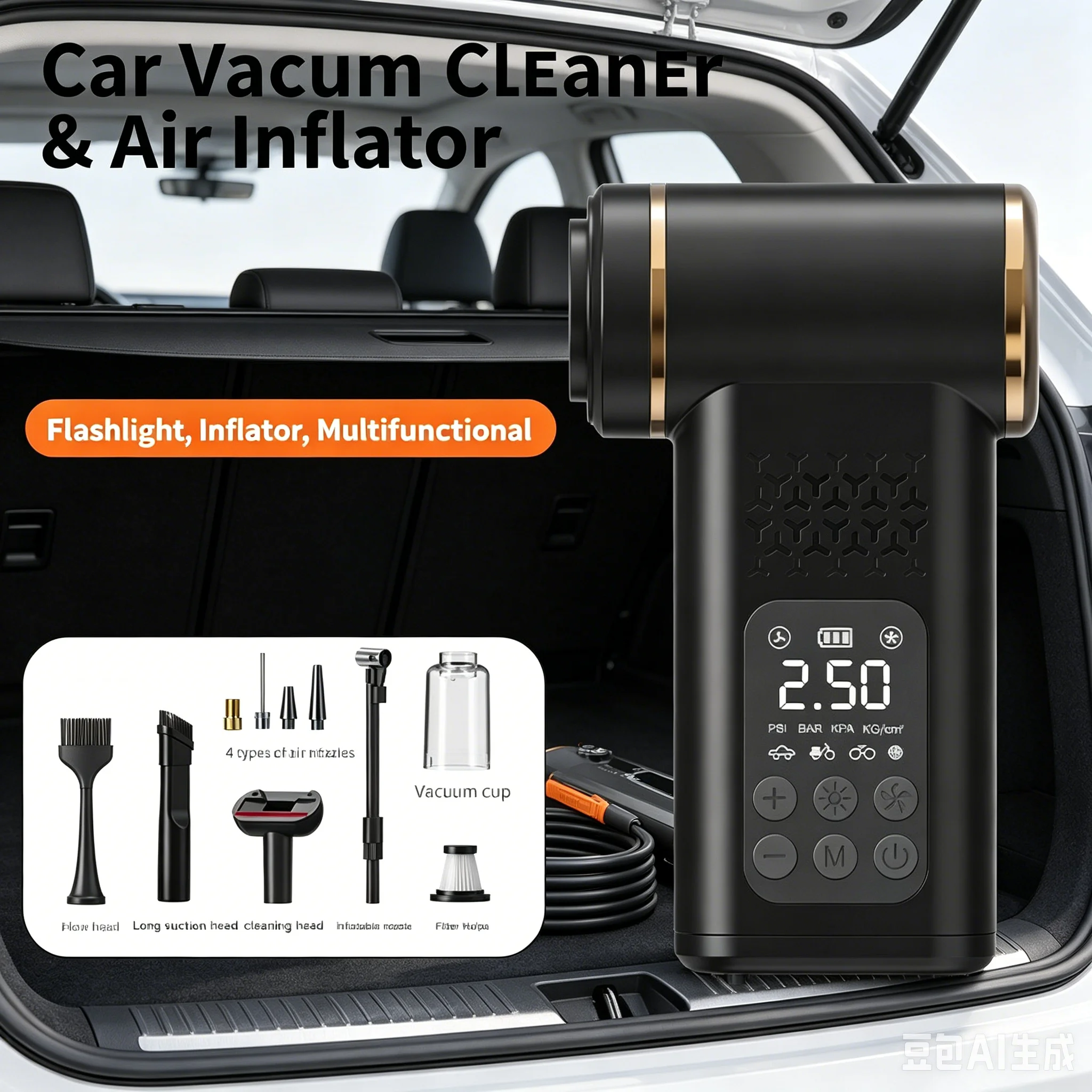 Wireless Car Vacuum Cleaner Blower 4 IN 1 Digital Tire Inflator Portable Flashlight Multifunctional Air Pump
Wireless Car Vacuum Cleaner Blower 4 IN 1 Digital Tire Inflator Portable Flashlight Multifunctional Air Pump