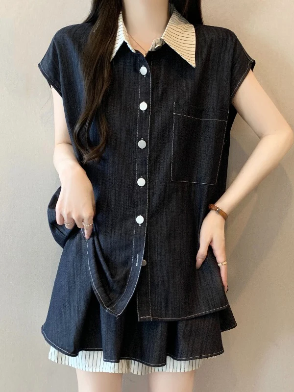 Summer Fashion Salt Series Women's plus Size Denim Shirt Shorts Two-Piece Set Thin Style High Waist Collar Button down
Summer Fashion Salt Series Women's plus Size Denim Shirt Shorts Two-Piece Set Thin Style High Waist Collar Button down