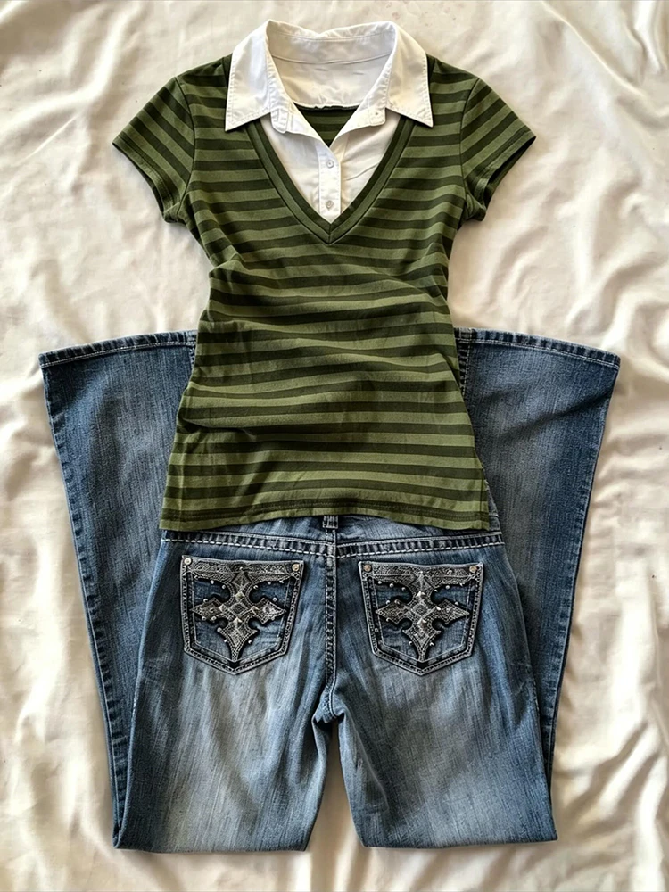 Casual Green Stripe Splicing Flip Collar Short Sleeve T-Shirt Women's Summer Versatile Fashionable Match Half Cherry Plum
Casual Green Stripe Splicing Flip Collar Short Sleeve T-Shirt Women's Summer Versatile Fashionable Match Half Cherry Plum