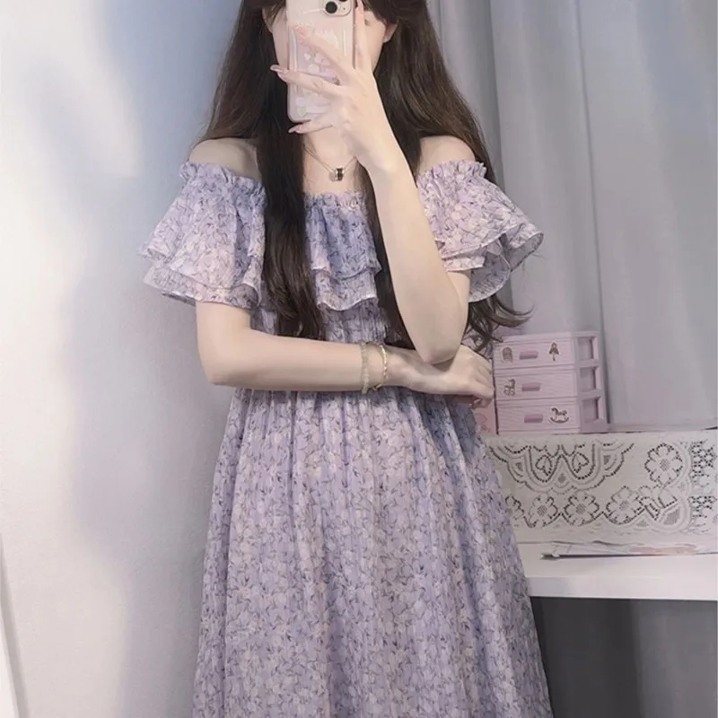 Gentle Women's Floral Dress with New Purple Waist Slimming off-Shoulder 
Gentle Women's Floral Dress with New Purple Waist Slimming off-Shoulder
