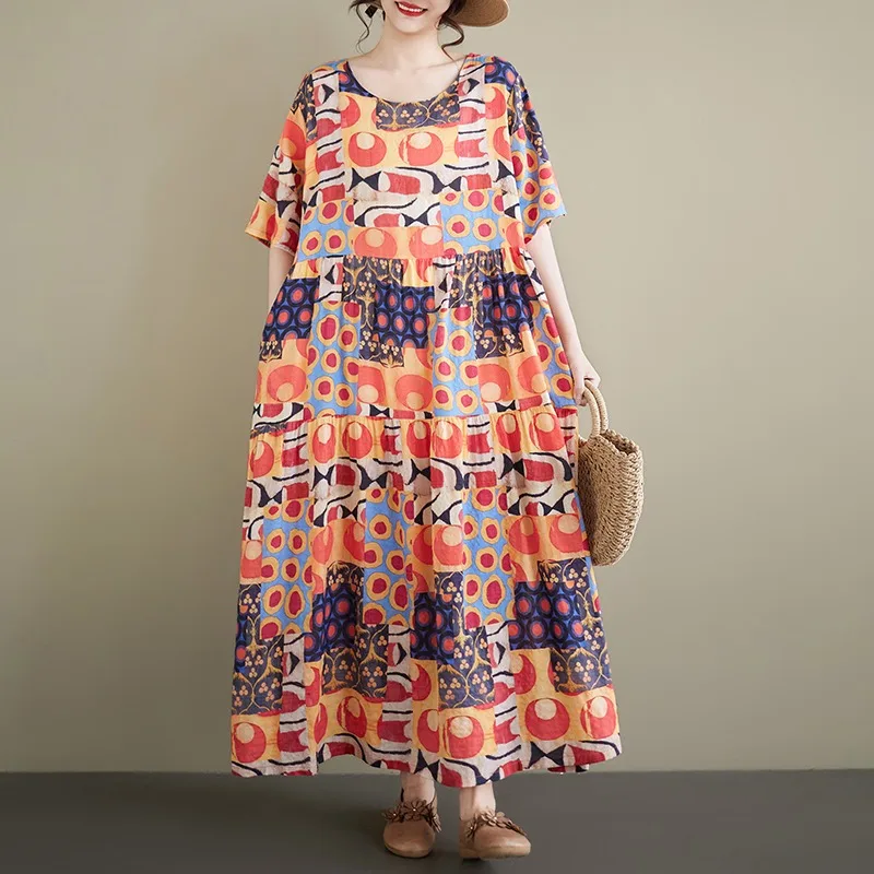 Loose Knee-Length Women's Dress Summer round Neck Short Sleeve Bohemian Style A-Line Cotton Gown for plus Size Ladies
Loose Knee-Length Women's Dress Summer round Neck Short Sleeve Bohemian Style A-Line Cotton Gown for plus Size Ladies