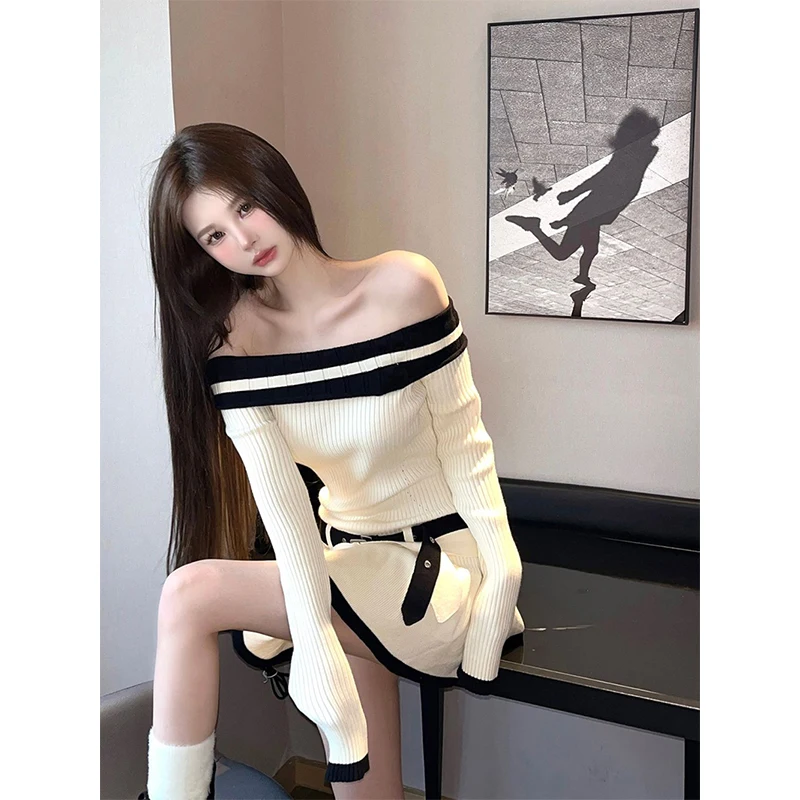 Элегантное мини-платье с воротником-лодочкой, женская уличная одежда, пикантные вязаные платья-трапеции с открытыми плечами, винтажные строгие приталенные шикарные платья в Корейском стиле 
Элегантное мини-платье с воротником-лодочкой, женская уличная одежда, пикантные вязаные платья-трапеции с открытыми плечами, винтажные строгие приталенные шикарные платья в Корейском стиле