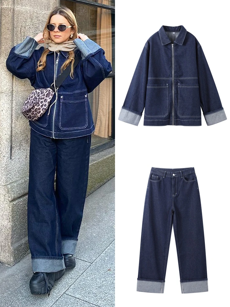Denim Lapel Pockets Coat Pants Suits Women Casual Long Sleeve Zipper Tops With High Waist Straight Trousers Fashion Ladies Sets
Denim Lapel Pockets Coat Pants Suits Women Casual Long Sleeve Zipper Tops With High Waist Straight Trousers Fashion Ladies Sets