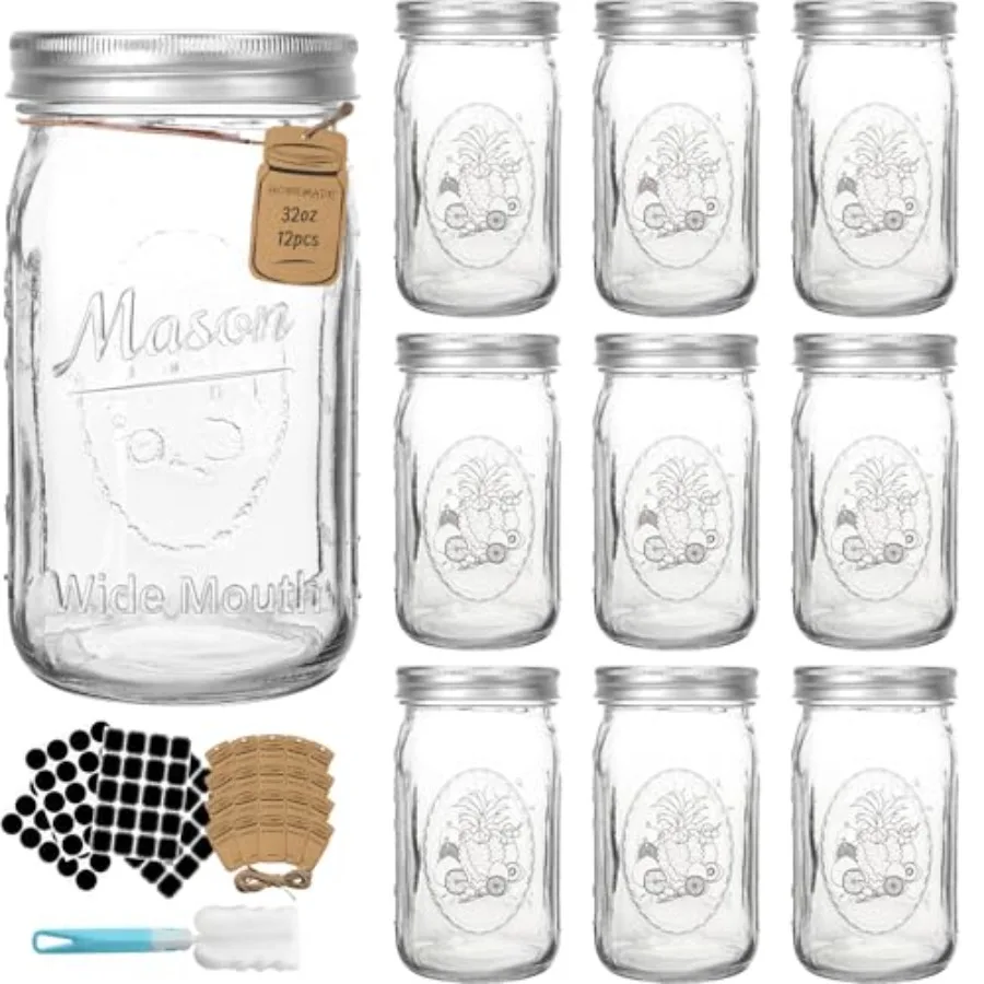 Wide Mouth Mason Jars 32 oz, 12 Pack Large Glass Mason Jar with Metal Airtight Lids and Bands, 1 Quart Canning Jars for Picklin
Wide Mouth Mason Jars 32 oz, 12 Pack Large Glass Mason Jar with Metal Airtight Lids and Bands, 1 Quart Canning Jars for Picklin