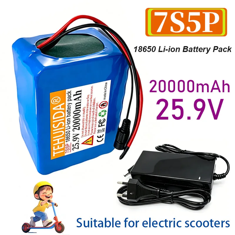 7S5P 25.9V 20000mAh Battery Pack 500W 24V 20Ah Electric Scooters 18650 Lithium-ion Battery Built-in BMS+29.4V2A Charger
7S5P 25.9V 20000mAh Battery Pack 500W 24V 20Ah Electric Scooters 18650 Lithium-ion Battery Built-in BMS+29.4V2A Charger