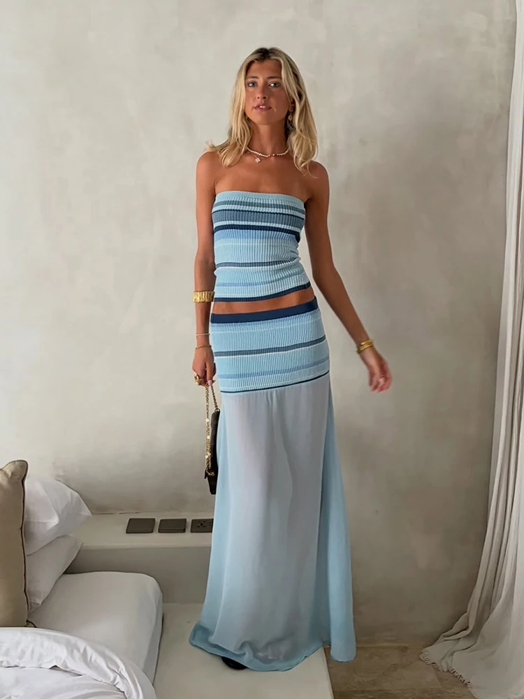 Weird Puss Striped Print Knitting 2 Piece Set Women Sexy Sleeveless Tank Top+Mesh Patchwork Long Skirt Elegant Party Clubwear
Weird Puss Striped Print Knitting 2 Piece Set Women Sexy Sleeveless Tank Top+Mesh Patchwork Long Skirt Elegant Party Clubwear