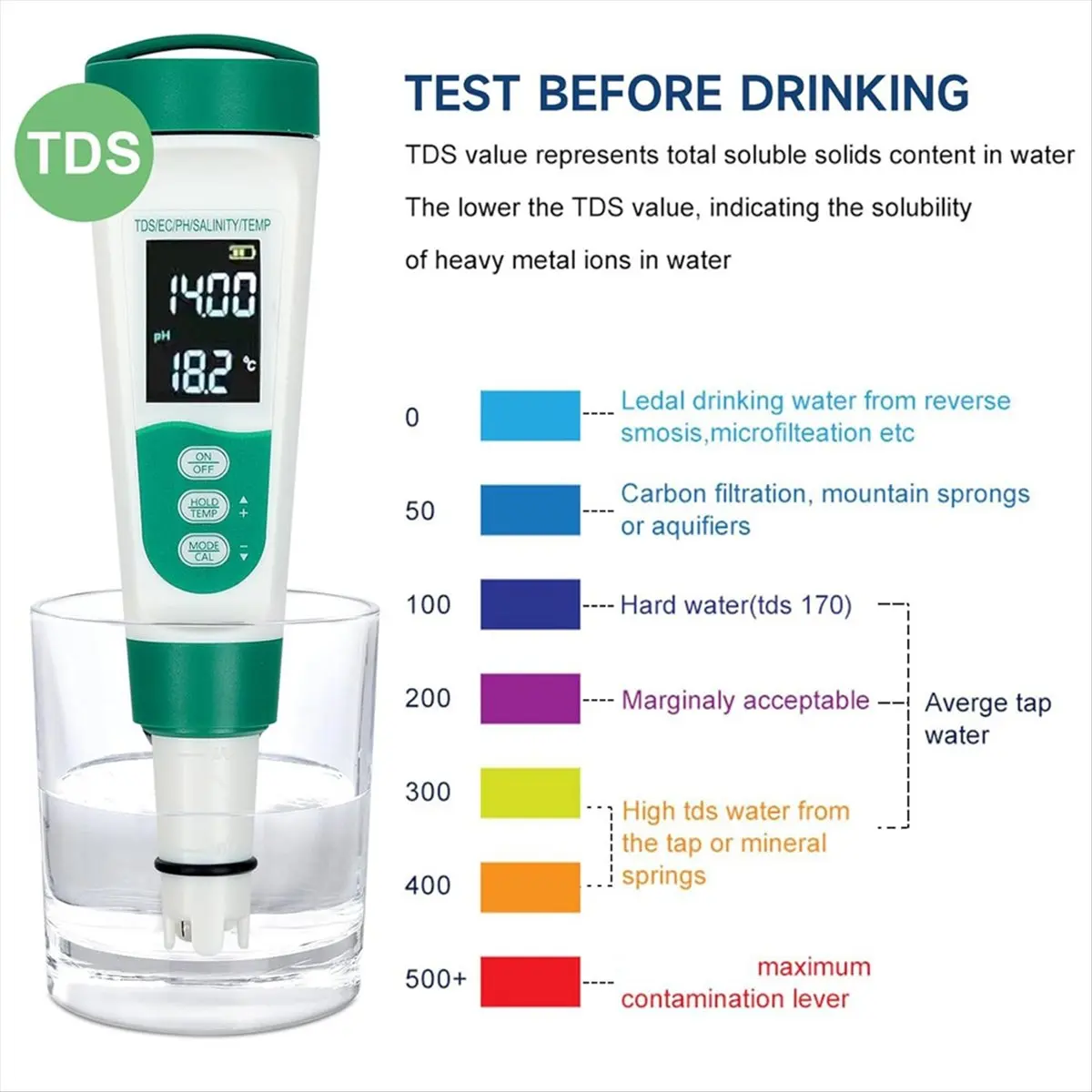 T22C 5-in-1 Digital PH Meter, Voice Water Quality Tester, PH/EC/TDS/Salinity/Temp Meter, TDS Meter for Drinking Water Pool
T22C 5-in-1 Digital PH Meter, Voice Water Quality Tester, PH/EC/TDS/Salinity/Temp Meter, TDS Meter for Drinking Water Pool