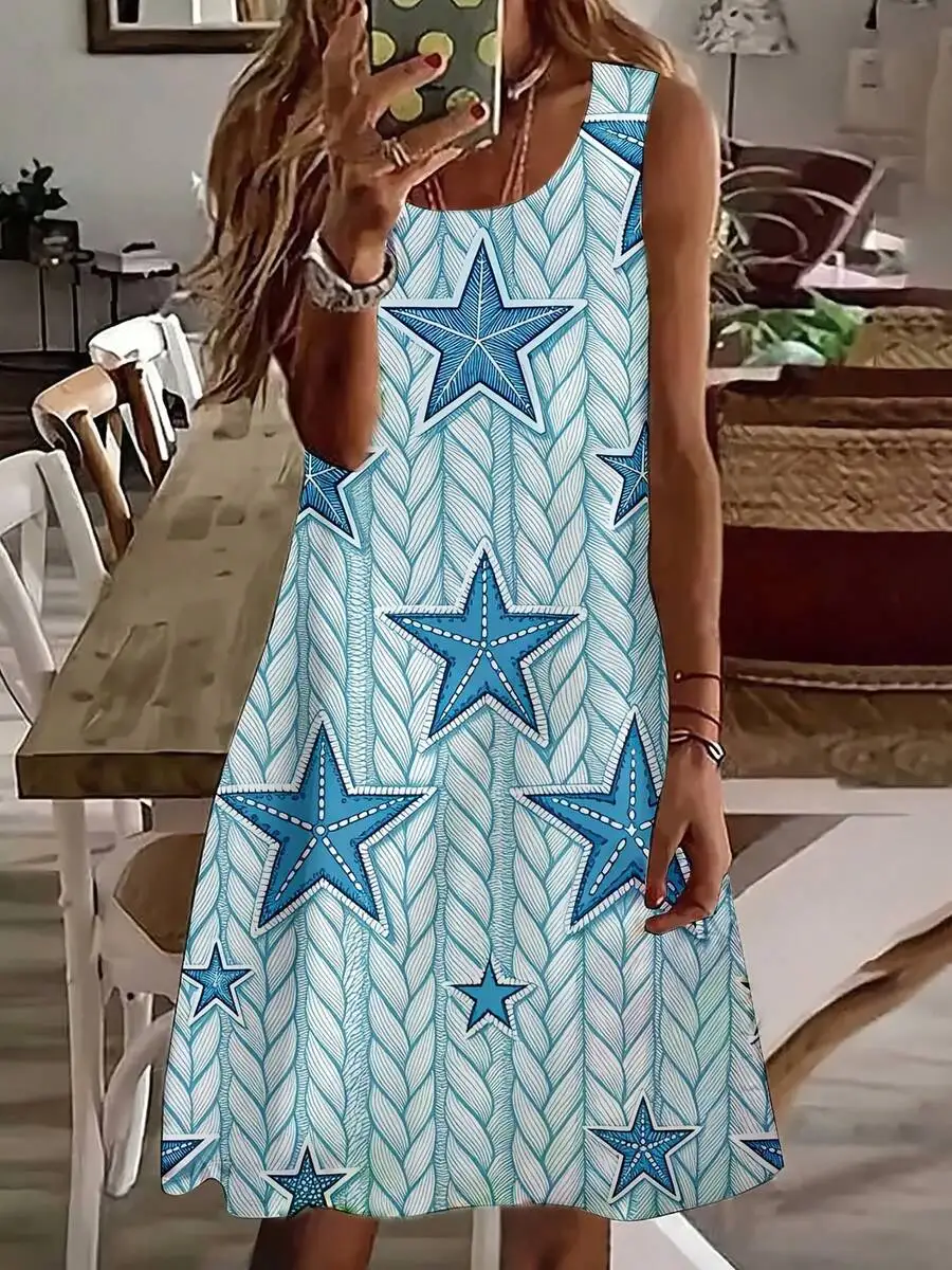 Women Sleeveless Dress Blue Star Print Summer Casual A-Line Dress
Women Sleeveless Dress Blue Star Print Summer Casual A-Line Dress