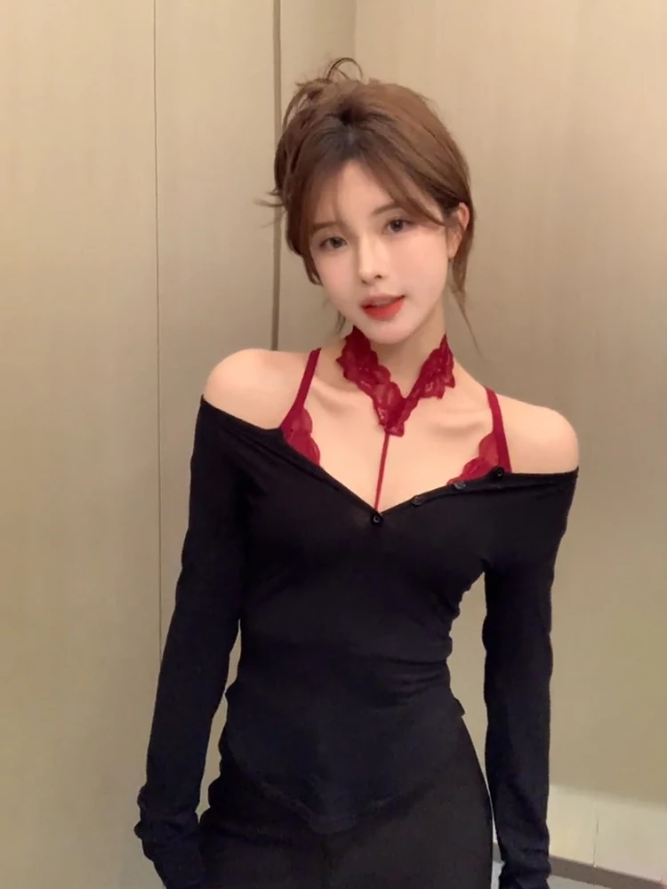 Strive Sexy Spicy Shoulder T-Shirt Set for Plump Women Spring Summer Pure Desire Hanging Neck Strap Top Korean Style Lace Splice
Strive Sexy Spicy Shoulder T-Shirt Set for Plump Women Spring Summer Pure Desire Hanging Neck Strap Top Korean Style Lace Splice