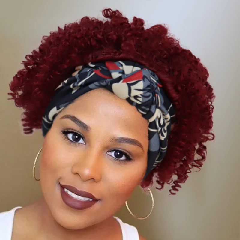 Synthetic Red Fluffy Short Afro Puff Curly Headband Wig Women Burgundy Floral Print Turban Style for Daily Cosplay Party Wear
Synthetic Red Fluffy Short Afro Puff Curly Headband Wig Women Burgundy Floral Print Turban Style for Daily Cosplay Party Wear