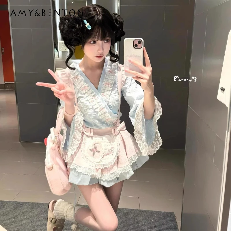 Japanese Style Blue Lolita Butterfly Lace Print Women's Top 2025 Summer New Color Block Splicing Strap Puff Skirt Suit Ladies
Japanese Style Blue Lolita Butterfly Lace Print Women's Top 2025 Summer New Color Block Splicing Strap Puff Skirt Suit Ladies