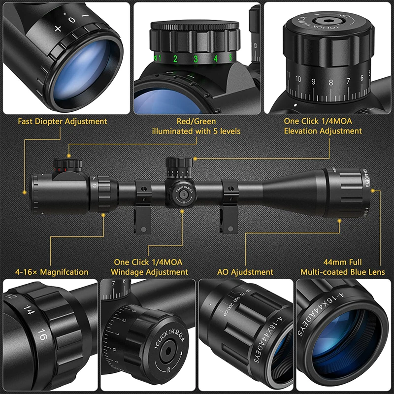 4-16x44 Rifle Scope Red Green Illuminated Optical Mil-Dot Reticle Riflescope Sights with 20mm Picatinny Rail Mounts
4-16x44 Rifle Scope Red Green Illuminated Optical Mil-Dot Reticle Riflescope Sights with 20mm Picatinny Rail Mounts