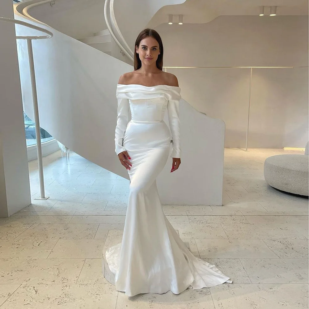 robes de mariée Customize Boat Collar Satin Solid Sheath Wedding Party Dress with Long Sleeve Backless Court Wedding Gowns
robes de mariée Customize Boat Collar Satin Solid Sheath Wedding Party Dress with Long Sleeve Backless Court Wedding Gowns
