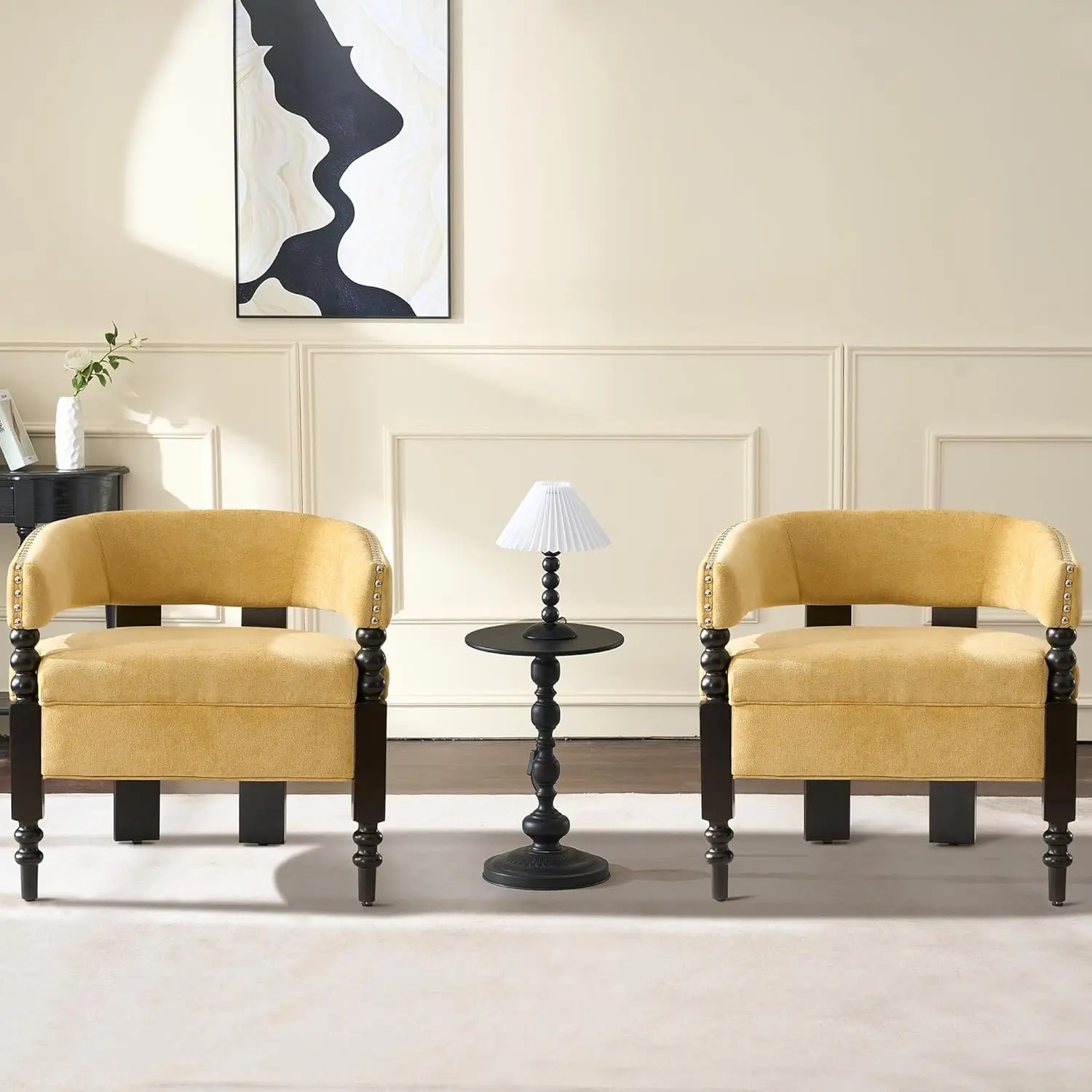 Vintage Chenille Barrel Accent Chair Set, Solid Wood Legs Comfy Lounge Armchair for Living Room Bedroom, Yellow, Customized
Vintage Chenille Barrel Accent Chair Set, Solid Wood Legs Comfy Lounge Armchair for Living Room Bedroom, Yellow, Customized