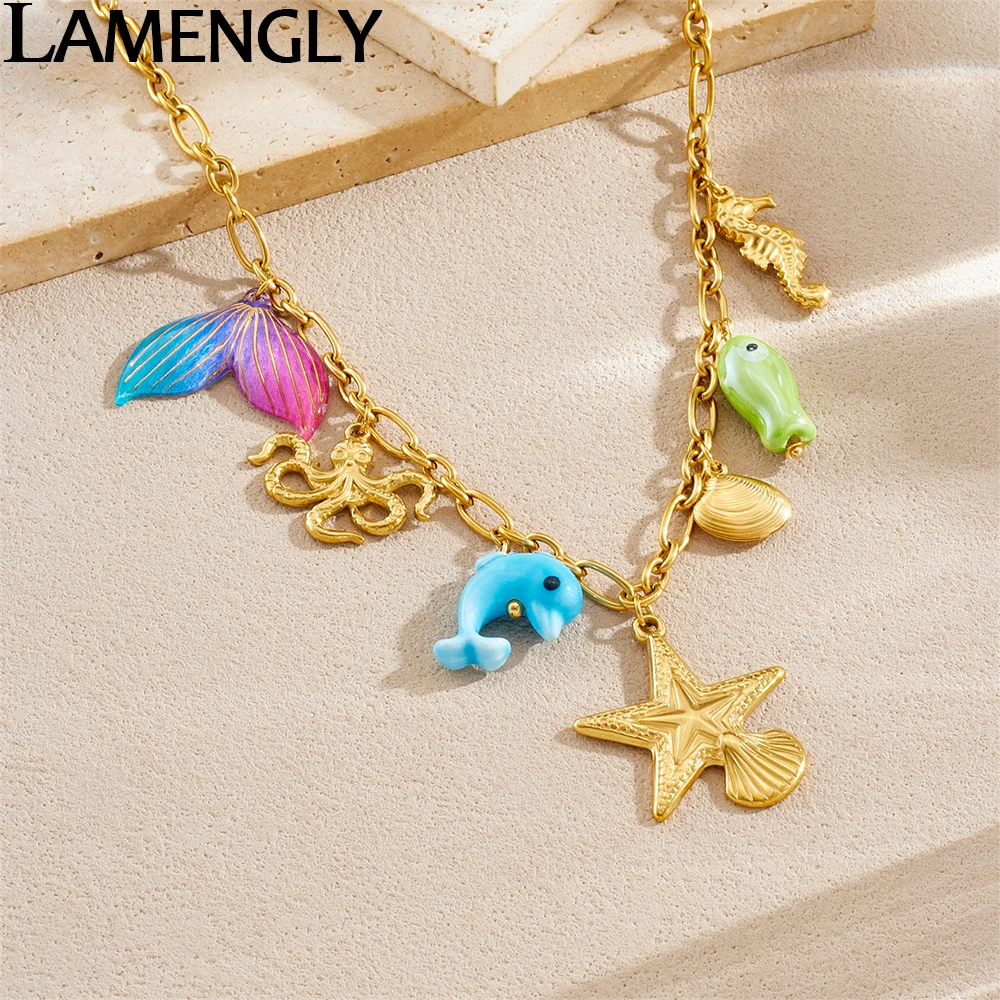 LAMENGLY 316L Stainless Colorful Whale Tail Dolphin Octopus Starfish Pendant Necklace Women Dopamine Style Animal Neck Chain
LAMENGLY 316L Stainless Colorful Whale Tail Dolphin Octopus Starfish Pendant Necklace Women Dopamine Style Animal Neck Chain