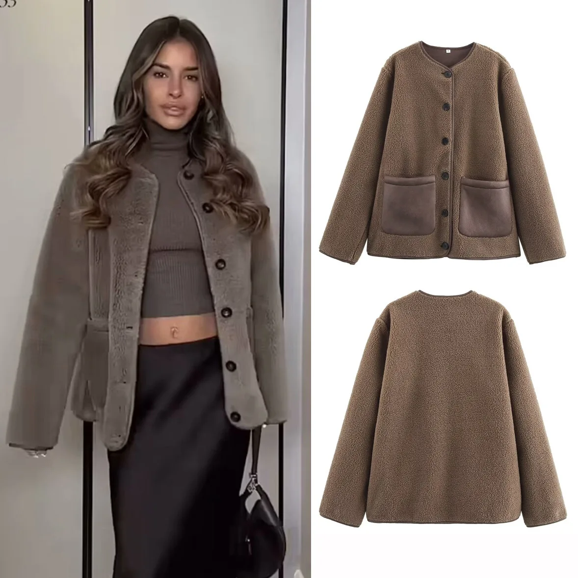 Осень-зима 2025: коричневое свободное женское пальто с круглым вырезом из плюша ягненка в тон меха, интегрированное пальто
Осень-зима 2025: коричневое свободное женское пальто с круглым вырезом из плюша ягненка в тон меха, интегрированное пальто