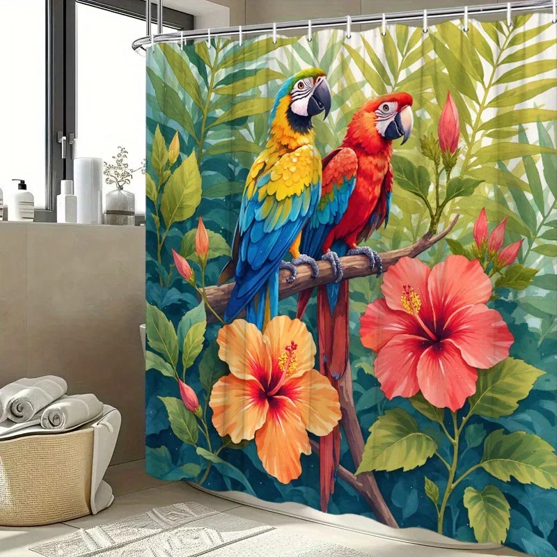 1 шт. занавеска для душа с арами и тропическими цветами — акварельный стиль, полиэстер, прочный и моющийся, тропическая тема 
1 шт. занавеска для душа с арами и тропическими цветами — акварельный стиль, полиэстер, прочный и моющийся, тропическая тема