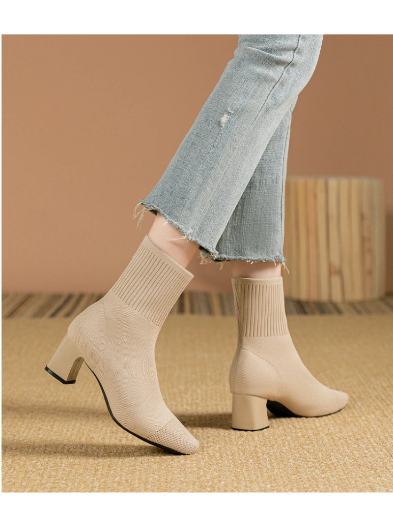 Black Square Toe Knit Sock Boots Elastic Slim Thick Block Heel High Heels Short Boots Fashion Autumn Casual Skinny Ankle Boots 16 S88713fe438e44b5fb9f5f4ccc79c2150s