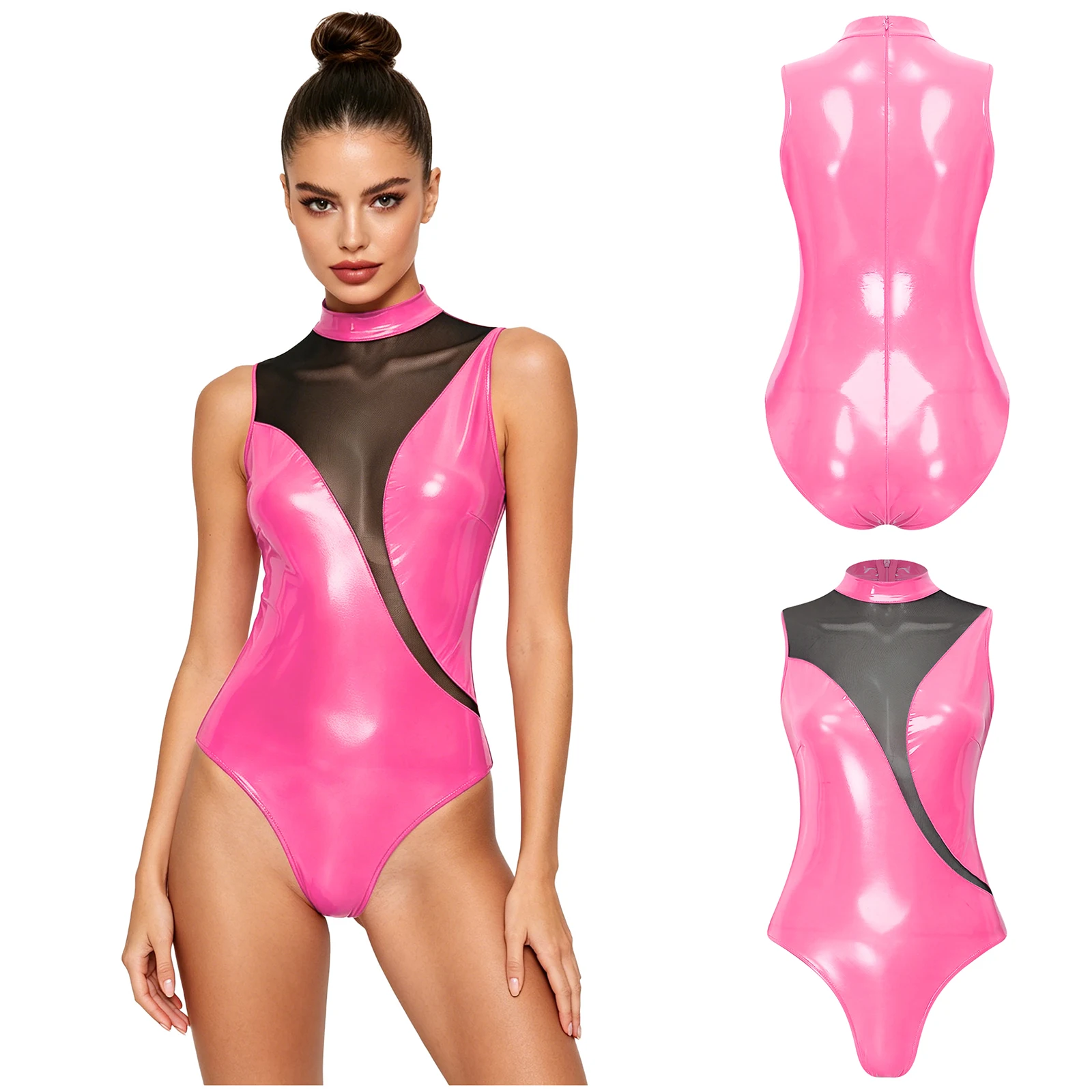Women Patent Leather Bodysuit Sleeveless Mesh Patchwork Shiny Leotard Japanese Style School Swimsuit for Carnival Party Clubwear
Women Patent Leather Bodysuit Sleeveless Mesh Patchwork Shiny Leotard Japanese Style School Swimsuit for Carnival Party Clubwear