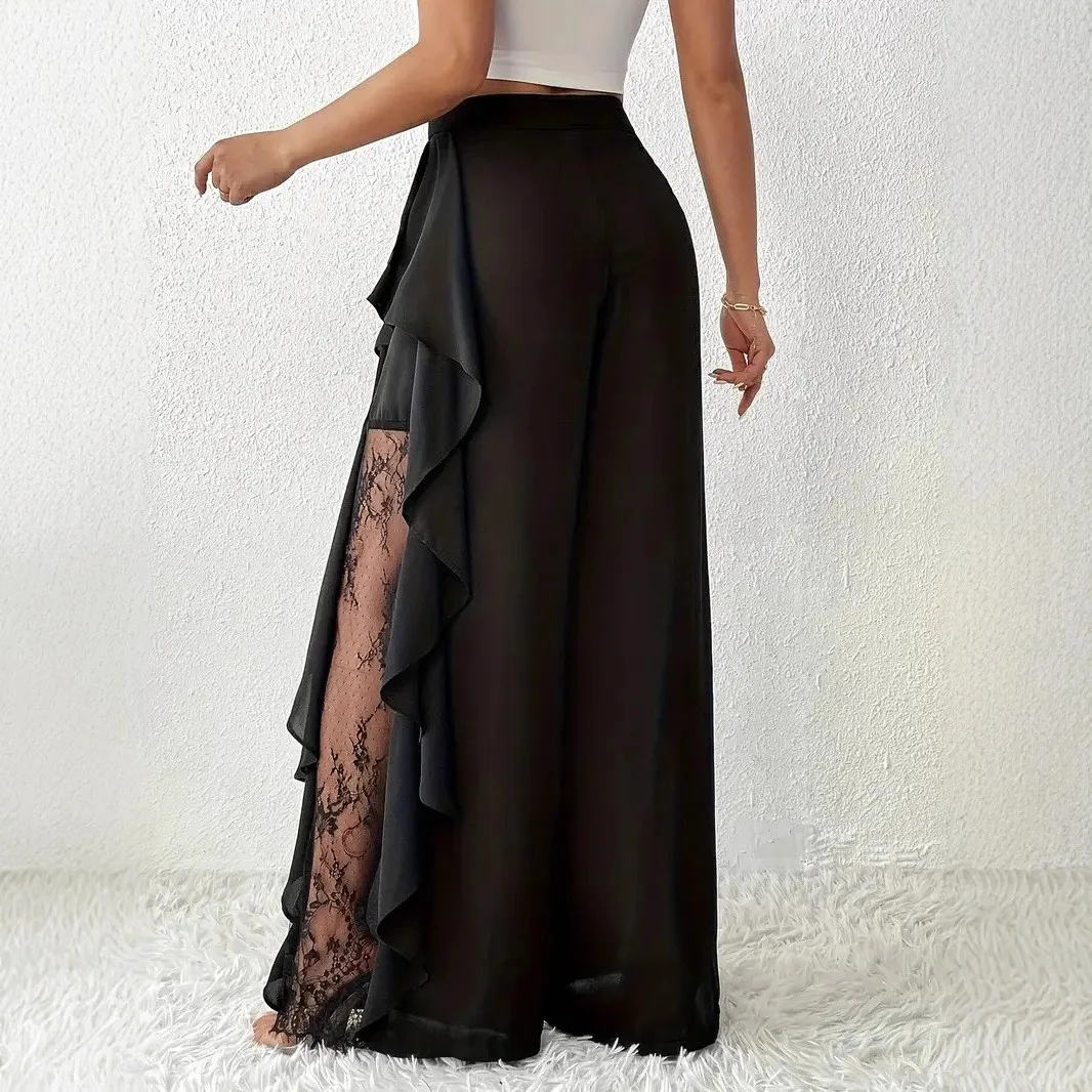 Women Baggy Pants High Waist Slit Black Trousers Ruffle Trim Asymmetrical Hem Wide Leg Pants Lace Panel Maxi Length Pants
Women Baggy Pants High Waist Slit Black Trousers Ruffle Trim Asymmetrical Hem Wide Leg Pants Lace Panel Maxi Length Pants