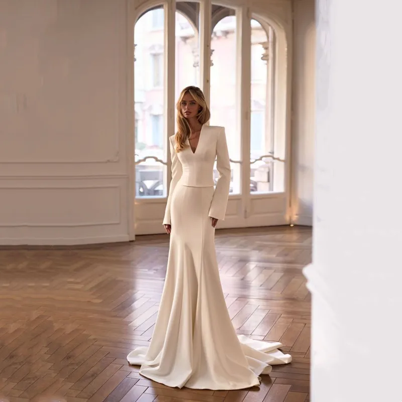 Elegant Ivory Long Sleeve Mermaid Wedding Dresses Sexy V-Neck Sweep Train Bride Gown Pleat Zipper Floor Length 2026 Customized
Elegant Ivory Long Sleeve Mermaid Wedding Dresses Sexy V-Neck Sweep Train Bride Gown Pleat Zipper Floor Length 2026 Customized