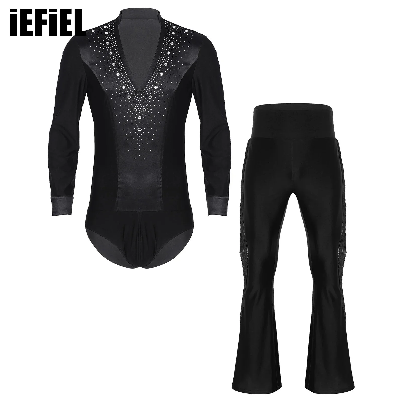 Men Glittery Latin Dance Sets Rhinestones Leotard V Neck Satin Patchwork Bodysuit with Tassel Flared Pants for Figure Skating
Men Glittery Latin Dance Sets Rhinestones Leotard V Neck Satin Patchwork Bodysuit with Tassel Flared Pants for Figure Skating