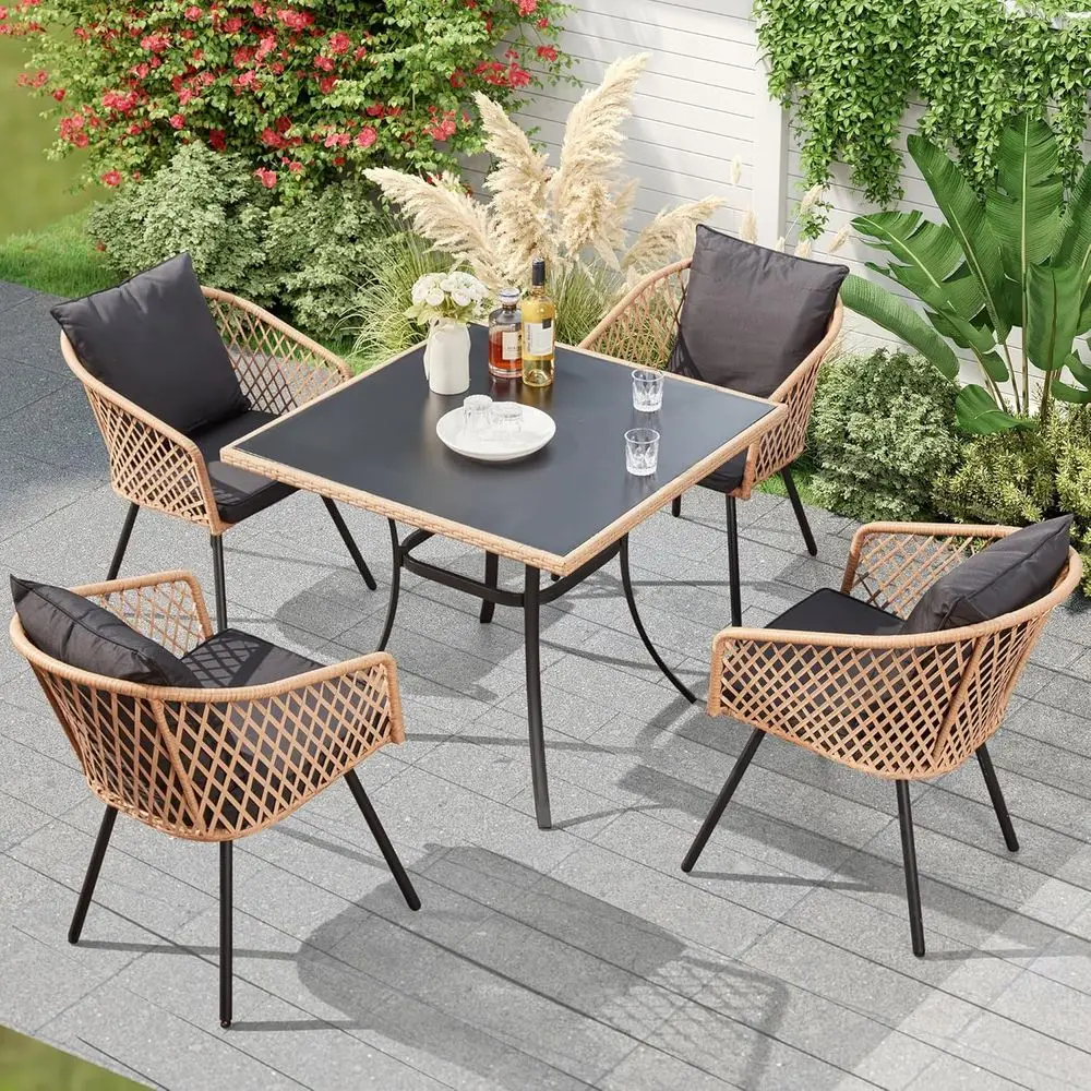 4-Piece Outdoor Wicker Dining Set with Glass Table and Waterproof Cushions, Yellow/Black
4-Piece Outdoor Wicker Dining Set with Glass Table and Waterproof Cushions, Yellow/Black
