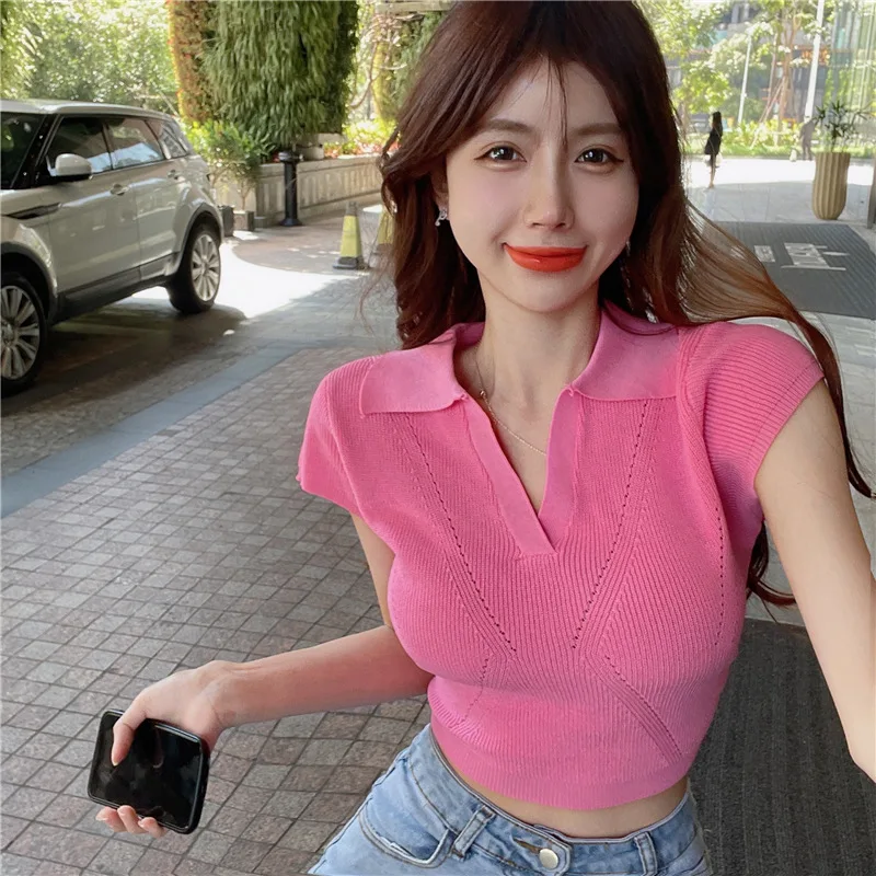 Summer POLO Neck Short-sleeved Slim-fitting V-neck Short Knitted T-shirt Pink Top Women's Clothing
Summer POLO Neck Short-sleeved Slim-fitting V-neck Short Knitted T-shirt Pink Top Women's Clothing