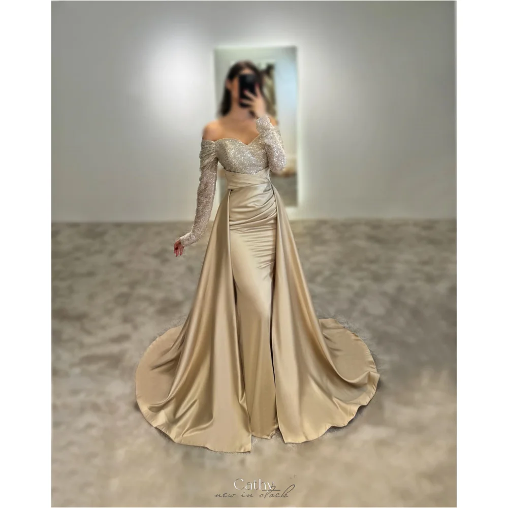 Cathy Customized Off Shoulder Sequins Draped Prom Dress Lace Long Sleeve vestidos de noiva Sheath Sweep Train Formal Evening
Cathy Customized Off Shoulder Sequins Draped Prom Dress Lace Long Sleeve vestidos de noiva Sheath Sweep Train Formal Evening