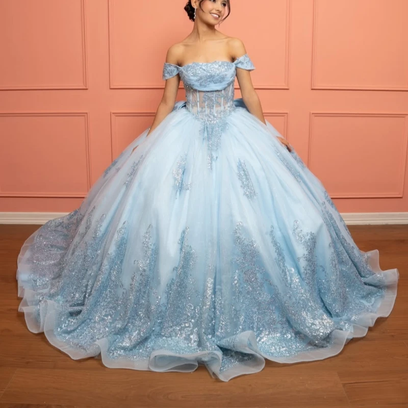 Light Blue Shiny Ball Gown Quinceanera Dresses Sequin Applique Lace Beading Crystal Bow Tull Corset Off The Shoulder Sweet 16
Light Blue Shiny Ball Gown Quinceanera Dresses Sequin Applique Lace Beading Crystal Bow Tull Corset Off The Shoulder Sweet 16