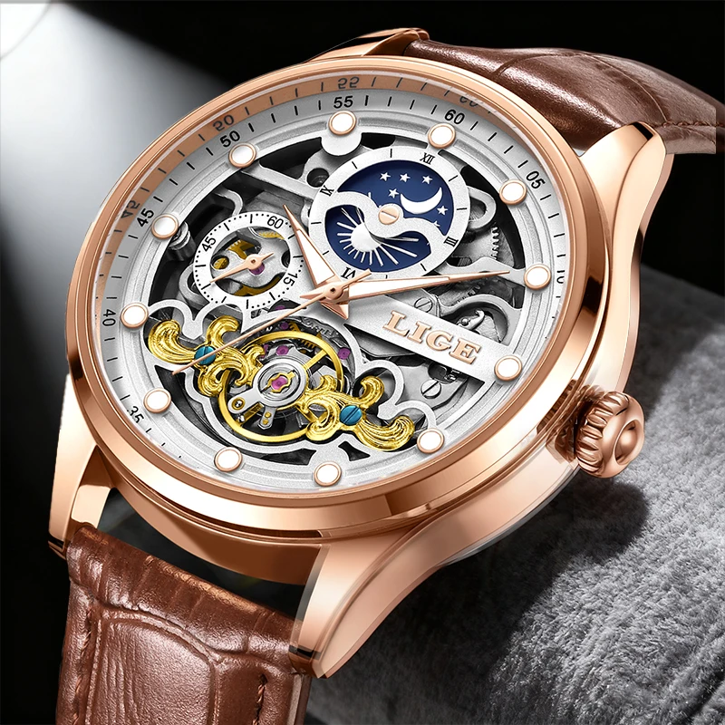 LIGE Mens Brand Luxury Watches Fashion Mechanical Moon Phase Waterproof Luminous Mechanical Man Watch Leather Mens Wristwatch
LIGE Mens Brand Luxury Watches Fashion Mechanical Moon Phase Waterproof Luminous Mechanical Man Watch Leather Mens Wristwatch
