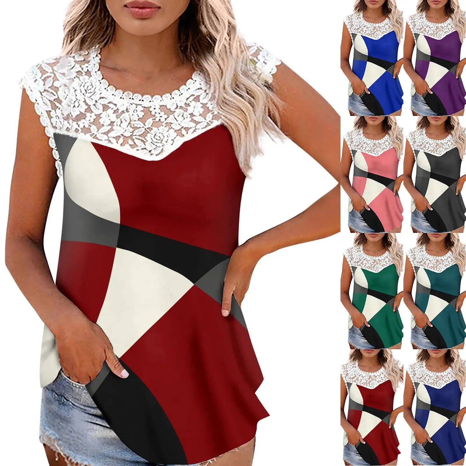 Lace Patchwork Geometric Pattern Printed Vest Women's Loose Fit Polyester Tank Top without Brand Printed Summer Faion
Lace Patchwork Geometric Pattern Printed Vest Women's Loose Fit Polyester Tank Top without Brand Printed Summer Faion