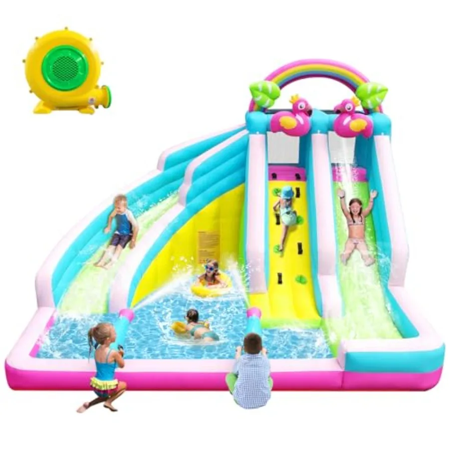 Backyard inflatable water slide for ages 3-10, PVC flaring pink flamingo style, double long slides + splash pool + bounce house
Backyard inflatable water slide for ages 3-10, PVC flaring pink flamingo style, double long slides + splash pool + bounce house
