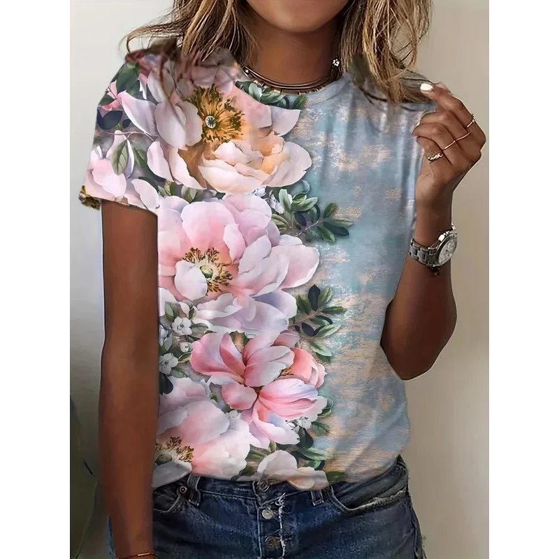 Women's summer round neck elegant temperament t-shirt breathable short-sleeved floral pattern top loose casual ladies t-shirt
Women's summer round neck elegant temperament t-shirt breathable short-sleeved floral pattern top loose casual ladies t-shirt