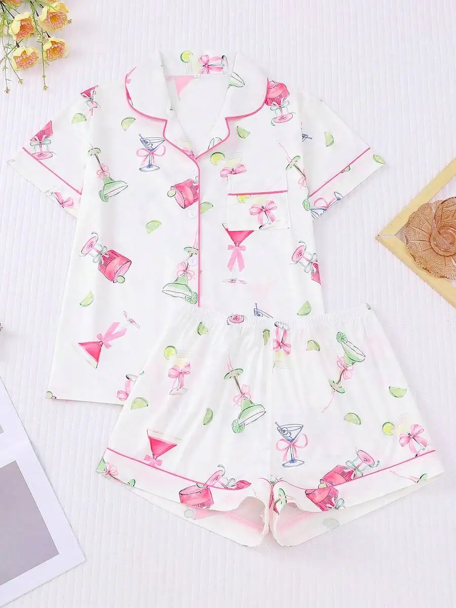 Women 2pcs Short Sleeve Collared Pajama Set With Wineglass Print Elastic Waist Shorts Loungewear
Women 2pcs Short Sleeve Collared Pajama Set With Wineglass Print Elastic Waist Shorts Loungewear