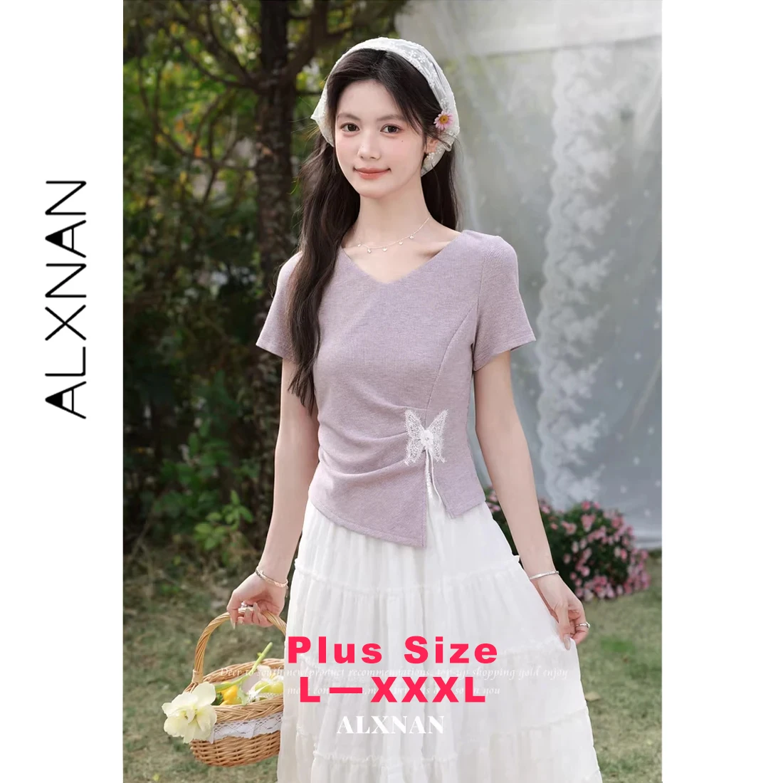 ALXNAN Plus Size Purple Short Sleeve T-shirt V-neck Lace Butterfly Slit Design T-shirts Summer Female Tops with Streamers D62923
ALXNAN Plus Size Purple Short Sleeve T-shirt V-neck Lace Butterfly Slit Design T-shirts Summer Female Tops with Streamers D62923
