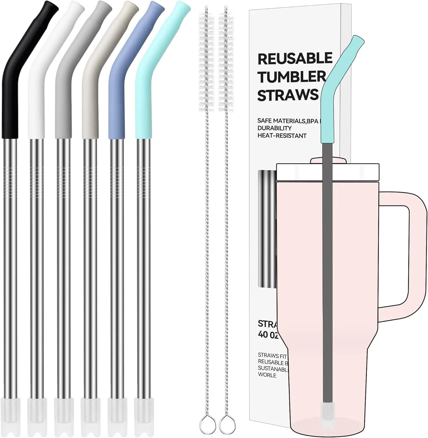 6-Pack Stainless Steel Reusable Straws with Silicone Tips for 40 oz Tumblers, BPA Free
6-Pack Stainless Steel Reusable Straws with Silicone Tips for 40 oz Tumblers, BPA Free
