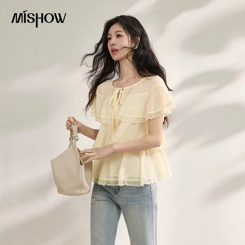 MISHOW 2026 Summer New Chiffon Tiered Ruffle Blouse Women Lace Trim Round Neck Tie Front Elegant Top Casual Shirt MXF22X2605
MISHOW 2026 Summer New Chiffon Tiered Ruffle Blouse Women Lace Trim Round Neck Tie Front Elegant Top Casual Shirt MXF22X2605