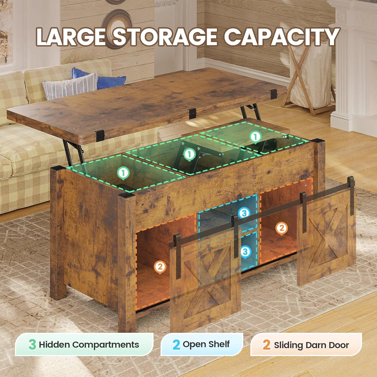 Lift Top Coffee Table, 4 in 1 Convertible Coffee Tables with Storage and Hidden Compartment for Living Room
Lift Top Coffee Table, 4 in 1 Convertible Coffee Tables with Storage and Hidden Compartment for Living Room
