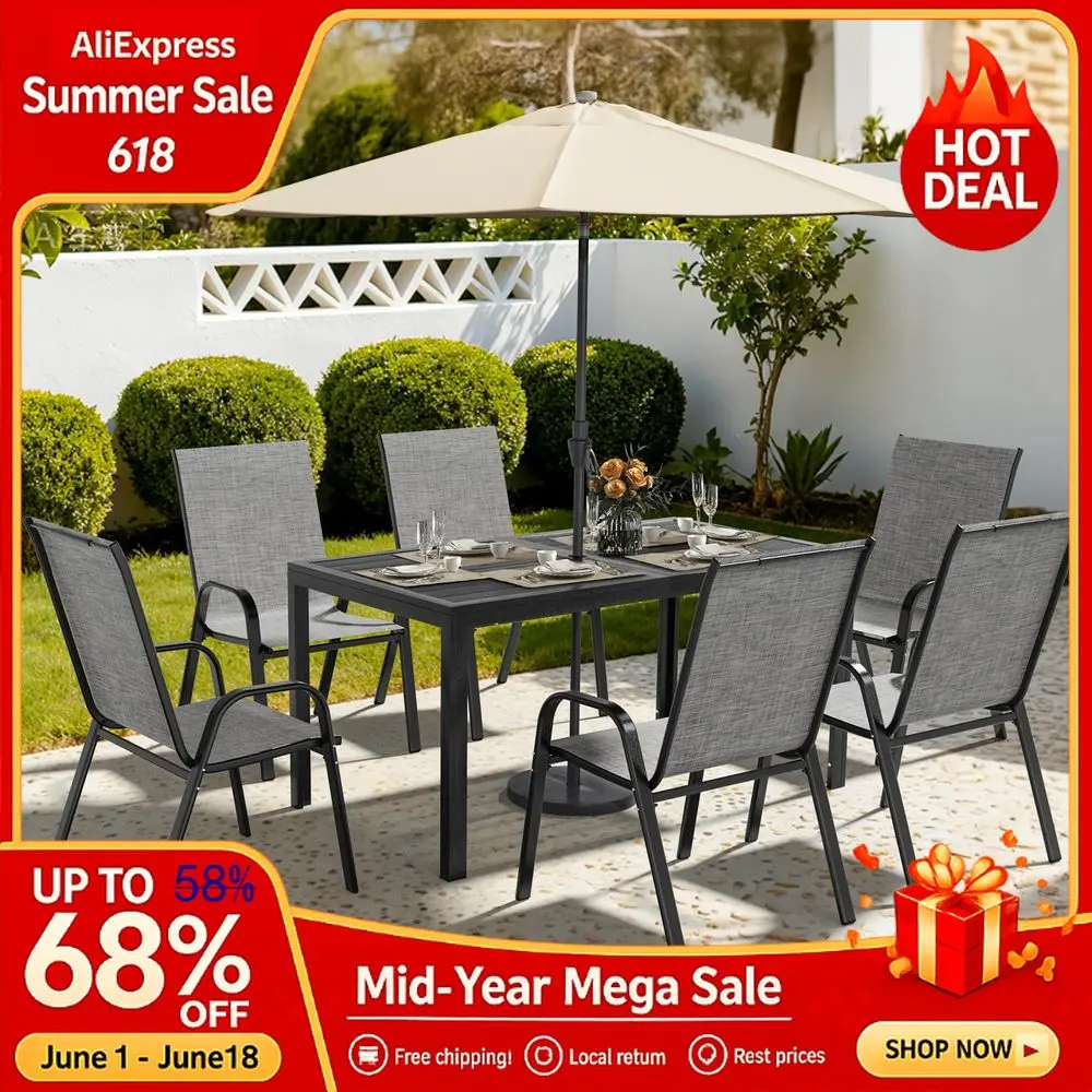Outdoor Dining Sets for 6, Rectangular Steel Slat Table with 6 Textilene Chairs,7 Piece Patio Table and Chairs Set Umbrel,Custom
Outdoor Dining Sets for 6, Rectangular Steel Slat Table with 6 Textilene Chairs,7 Piece Patio Table and Chairs Set Umbrel,Custom