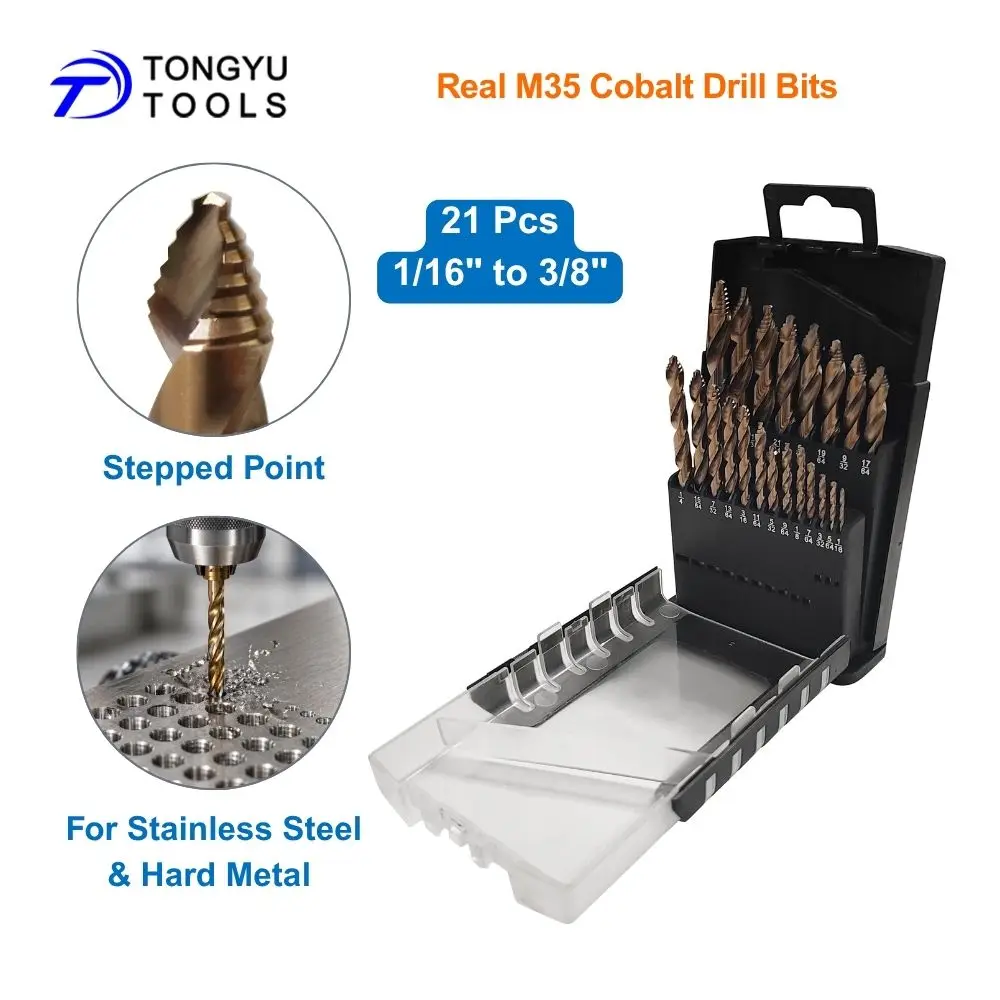 21Pcs M35 Cobalt Drill Bit Set 1/16 to 3/8 Inch HSS Co5% Twist Drill Bits for Stainless Steel Hard Metal Aluminum Stepped Point
21Pcs M35 Cobalt Drill Bit Set 1/16 to 3/8 Inch HSS Co5% Twist Drill Bits for Stainless Steel Hard Metal Aluminum Stepped Point
