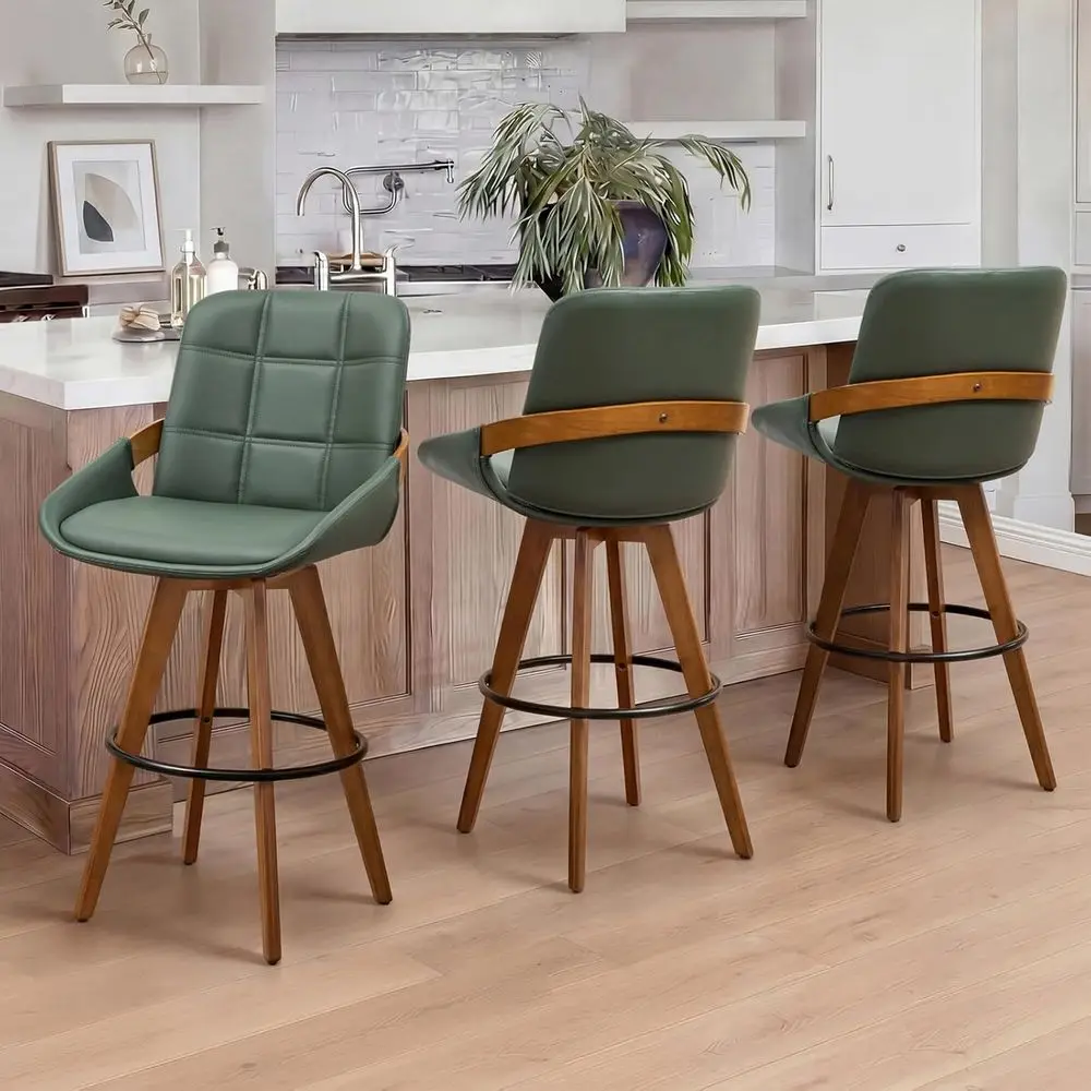 Set of 3 Swivel Bar Stools, 29 Height, Upholstered Faux Leather Seats, Curved Wood Back & Arms, Bamboo Legs, Walnut Finish, Gree
Set of 3 Swivel Bar Stools, 29 Height, Upholstered Faux Leather Seats, Curved Wood Back & Arms, Bamboo Legs, Walnut Finish, Gree